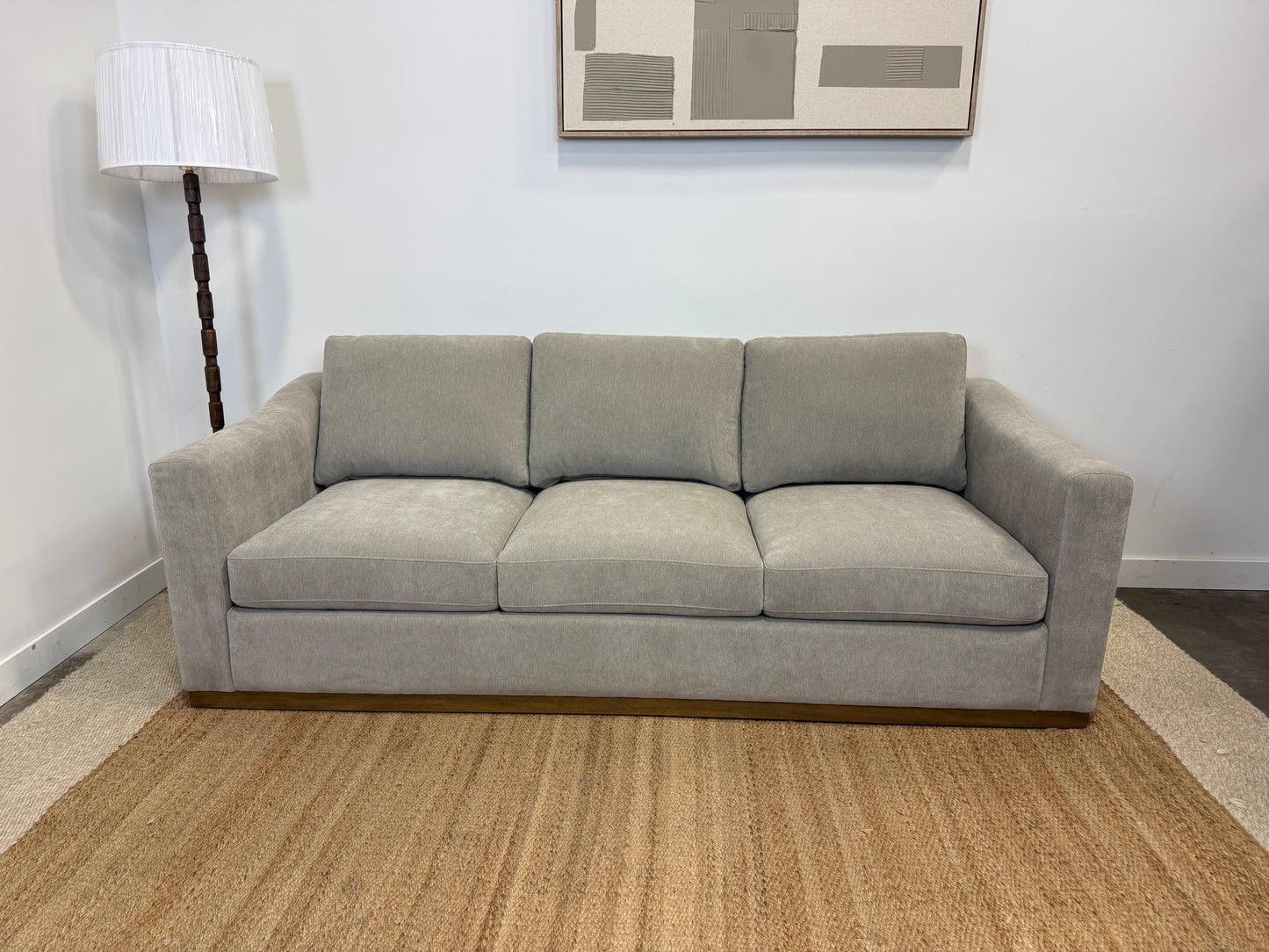 Stylish Taupe 3-Seater Sofa with Wooden Base
