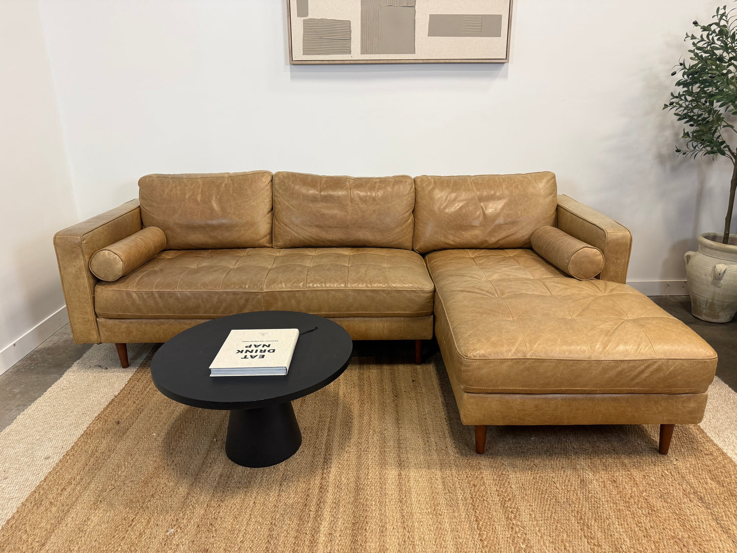 Full grain leather camel sectional