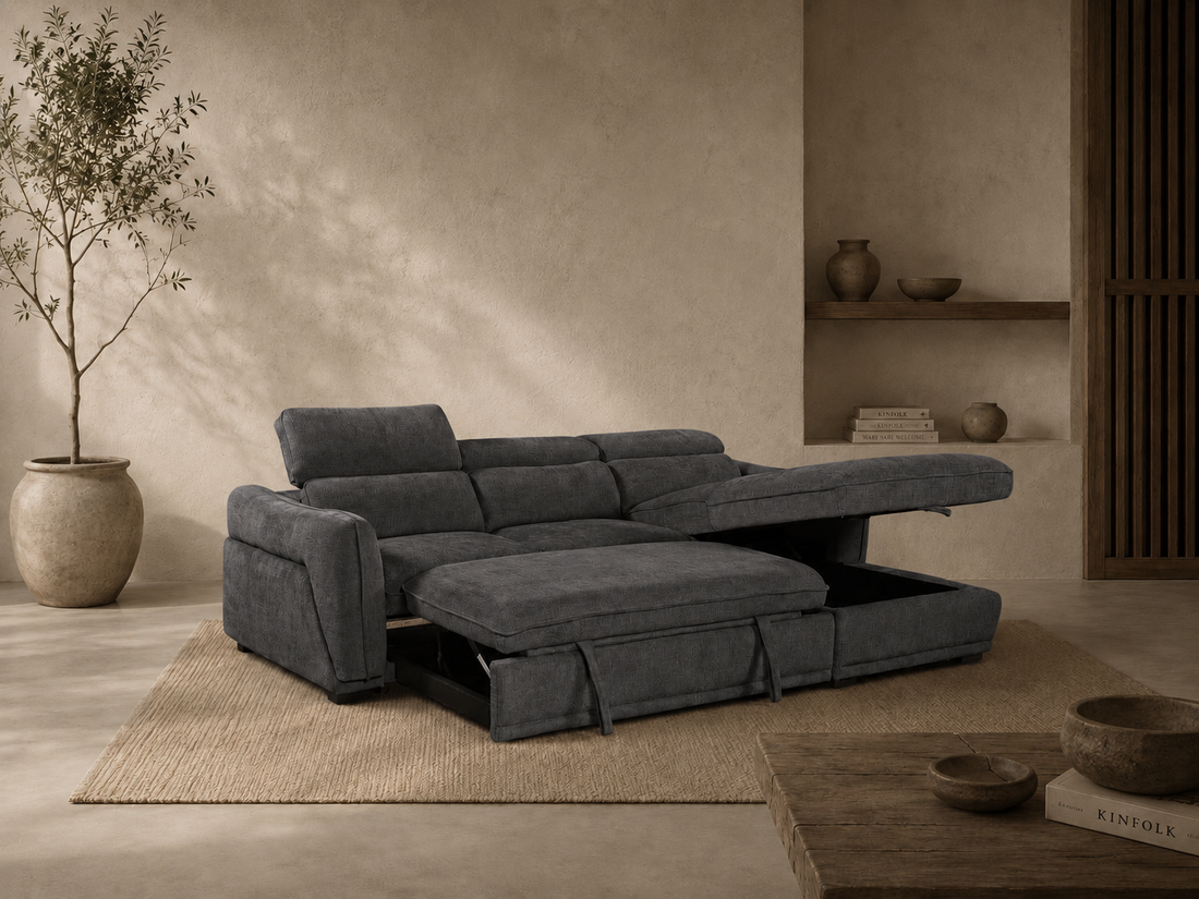 Nanaimo dark grey sofa bed sectional in japandi interior 