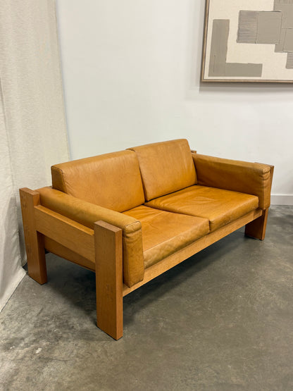 Vintage MCM Solid Oak & Cognac Leather Loveseat + Lounge Chair