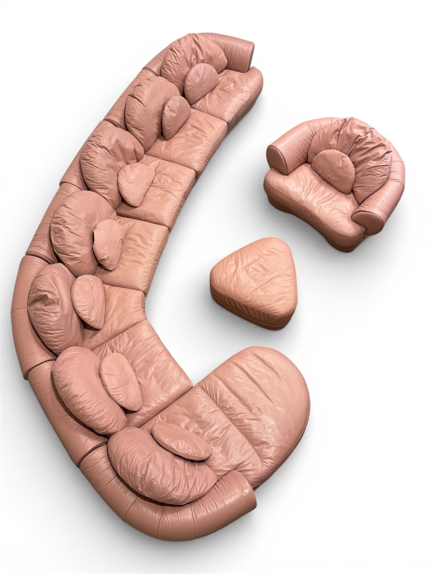 Vintage Italian Post-Modern Modular Sectional Sofa with Armchair and Ottoman — Pink Leather, 1980s
