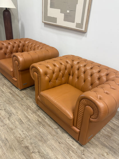 Camel Leather Chesterfield Lounge Chairs — Set of Two