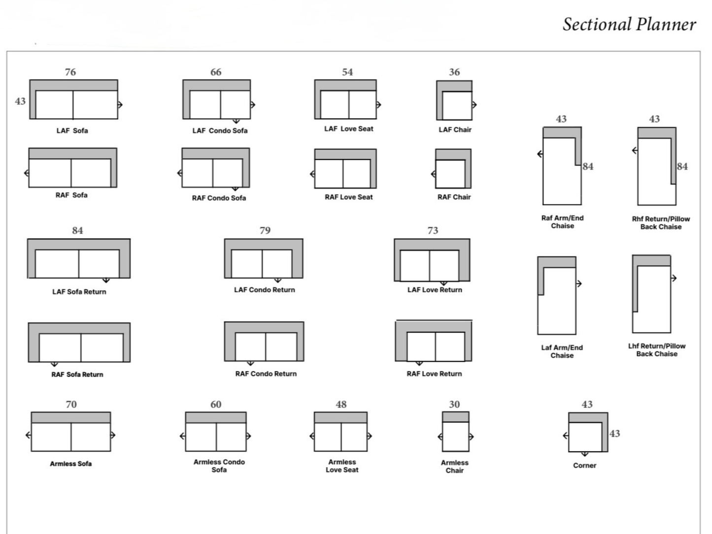Sectional planner diagram with various furniture items labeled