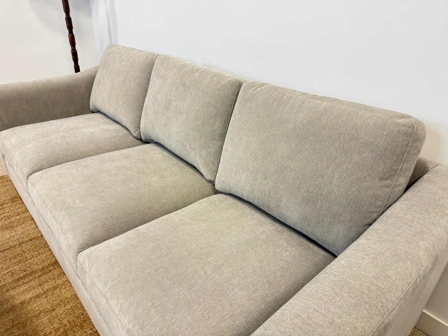 Stylish Taupe 3-Seater Sofa with Wooden Base