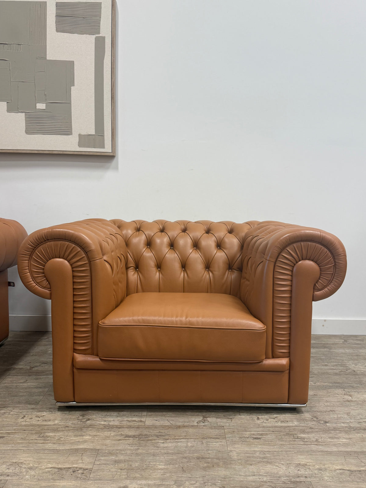 Camel Leather Chesterfield Lounge Chairs — Set of Two