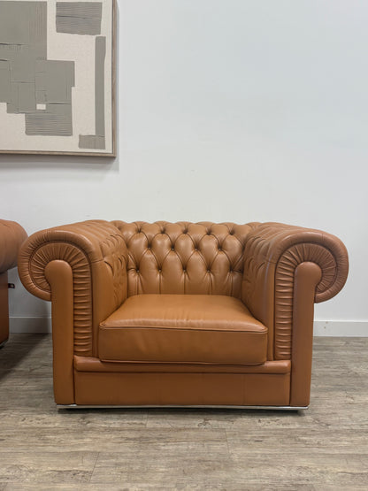 Camel Leather Chesterfield Lounge Chairs — Set of Two
