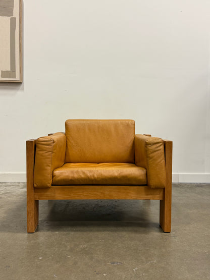 Vintage MCM Solid Oak & Cognac Leather Loveseat + Lounge Chair