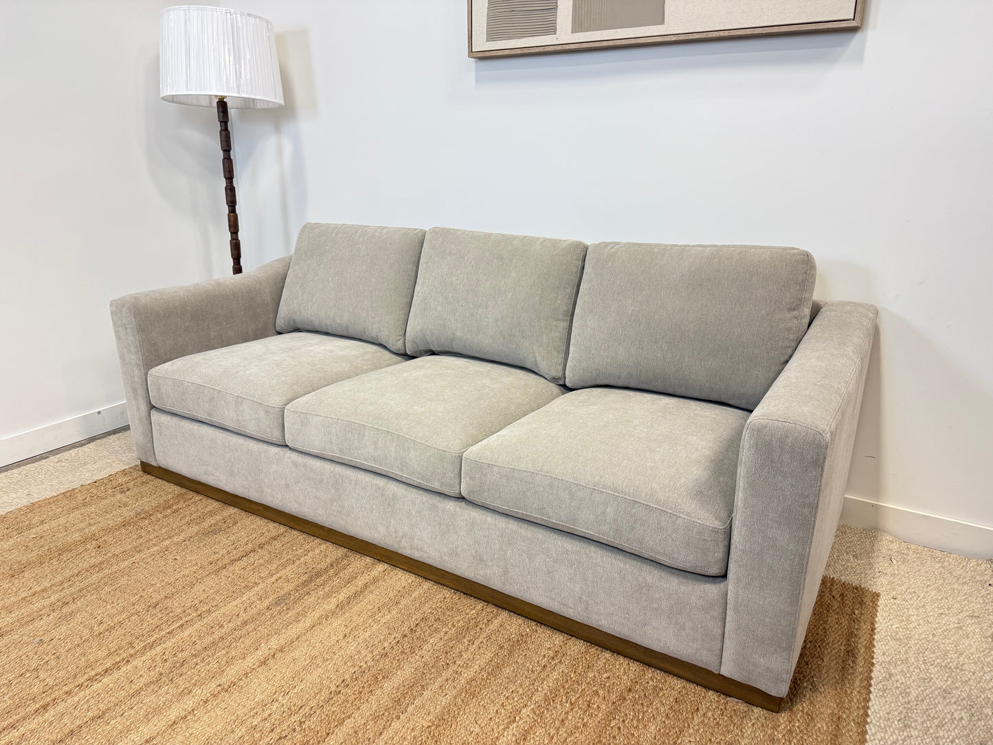 Stylish Taupe 3-Seater Sofa with Wooden Base