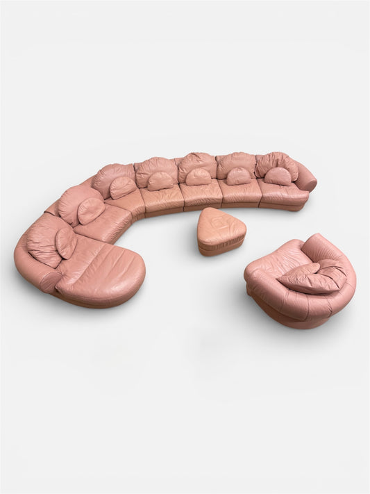 Vintage Italian Post-Modern Modular Sectional Sofa with Armchair and Ottoman — Pink Leather, 1980s