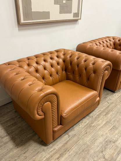 Camel Leather Chesterfield Lounge Chairs — Set of Two