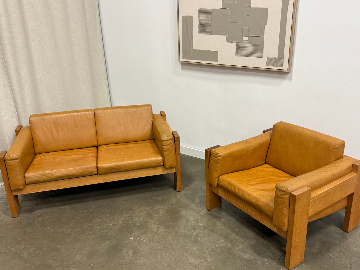 Vintage MCM Solid Oak & Cognac Leather Loveseat + Lounge Chair