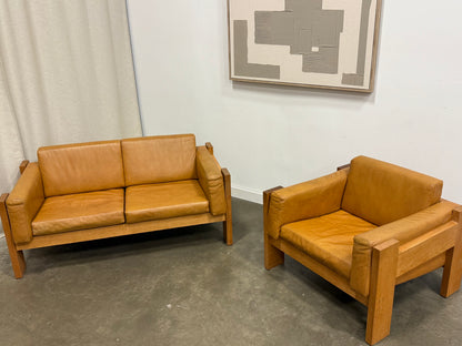 Vintage MCM Solid Oak & Cognac Leather Loveseat + Lounge Chair
