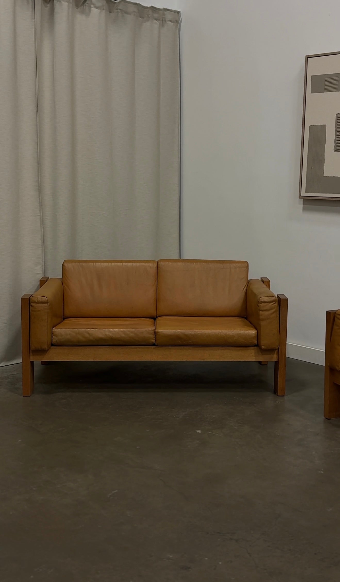 Vintage MCM Solid Oak & Cognac Leather Loveseat + Lounge Chair