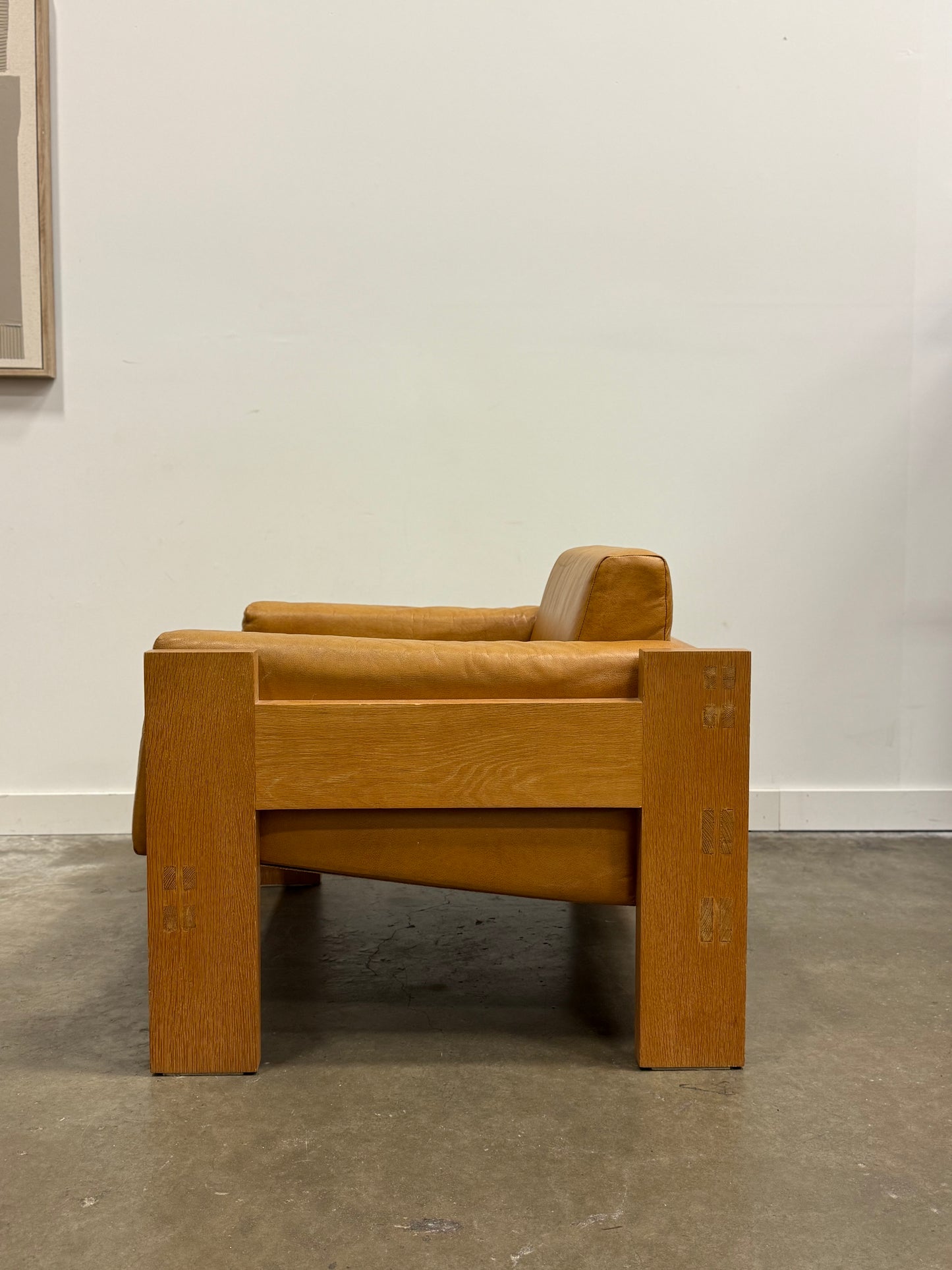 Vintage MCM Solid Oak & Cognac Leather Loveseat + Lounge Chair