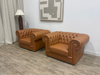 Camel Leather Chesterfield Lounge Chairs — Set of Two