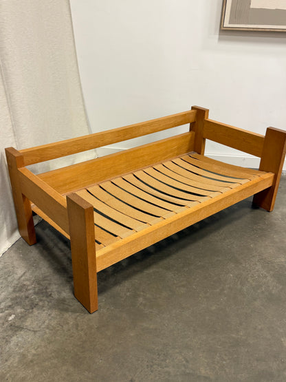Vintage MCM Solid Oak & Cognac Leather Loveseat + Lounge Chair