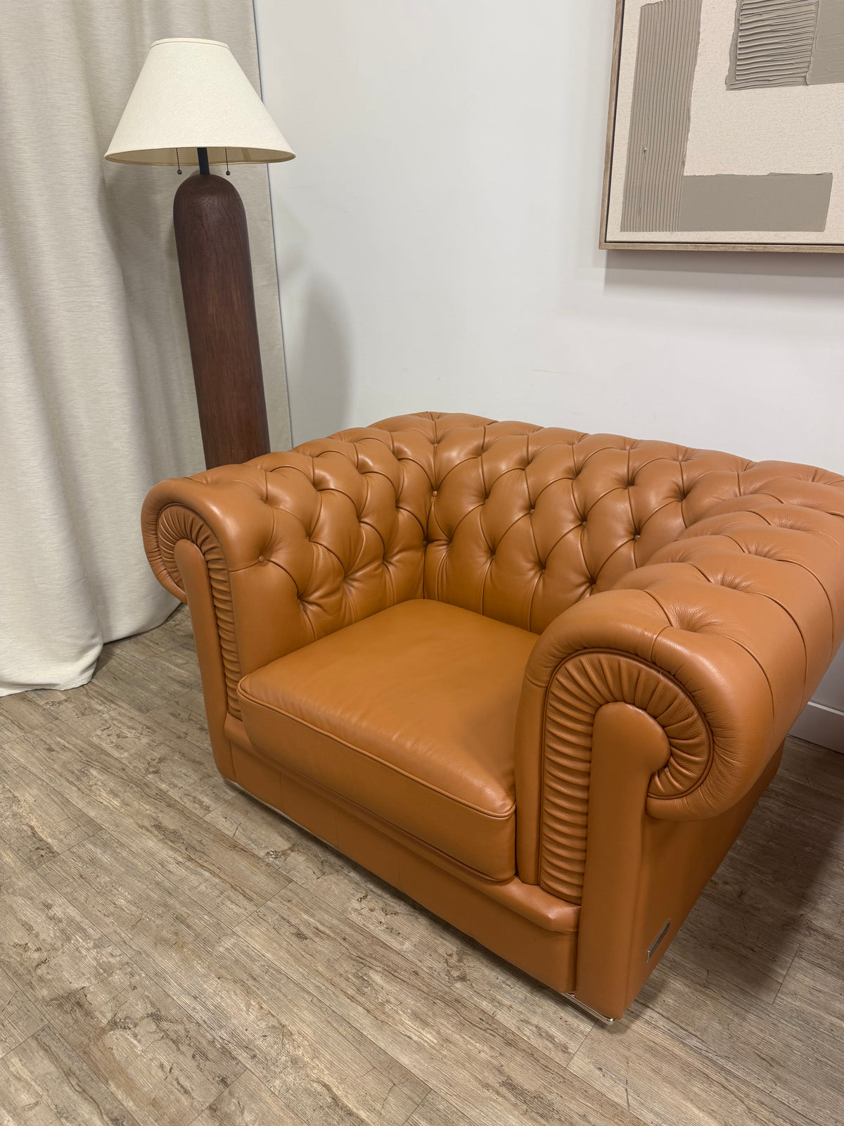 Camel Leather Chesterfield Lounge Chairs — Set of Two