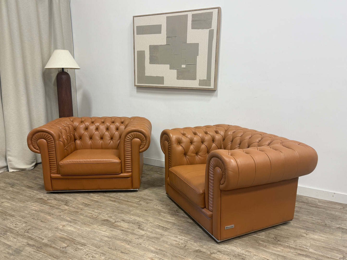 Camel Leather Chesterfield Lounge Chairs — Set of Two
