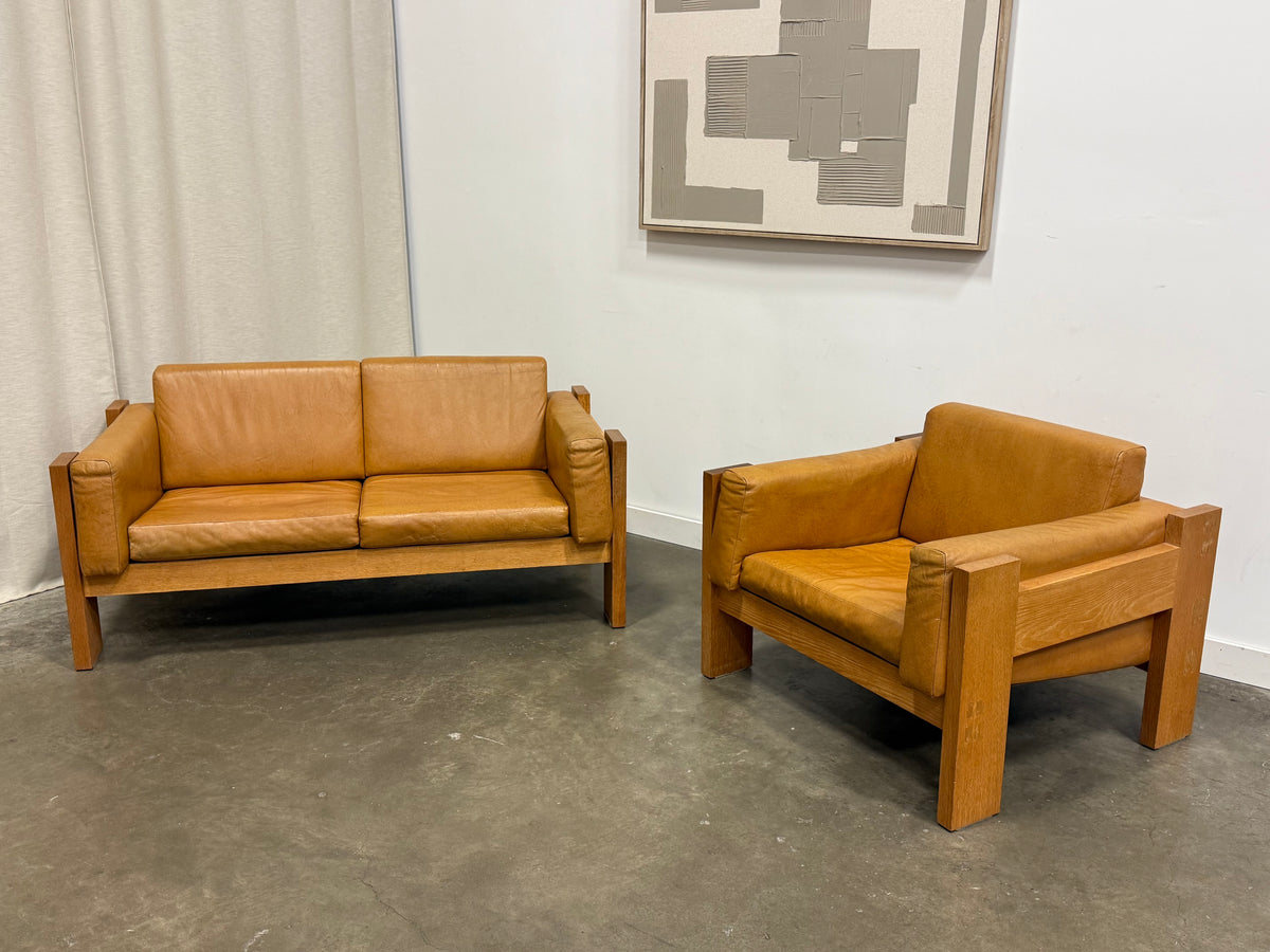 Vintage MCM Solid Oak & Cognac Leather Loveseat + Lounge Chair