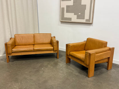 Vintage MCM Solid Oak & Cognac Leather Loveseat + Lounge Chair