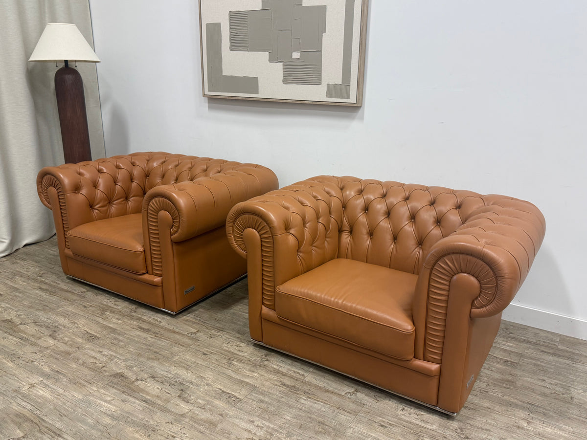 Camel Leather Chesterfield Lounge Chairs — Set of Two