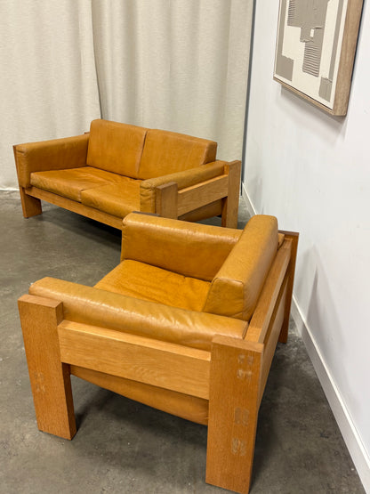 Vintage MCM Solid Oak & Cognac Leather Loveseat + Lounge Chair