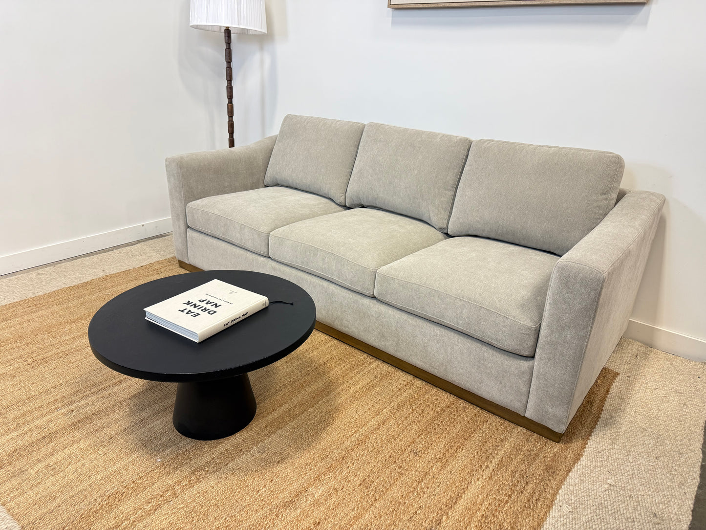 Stylish Taupe 3-Seater Sofa with Wooden Base