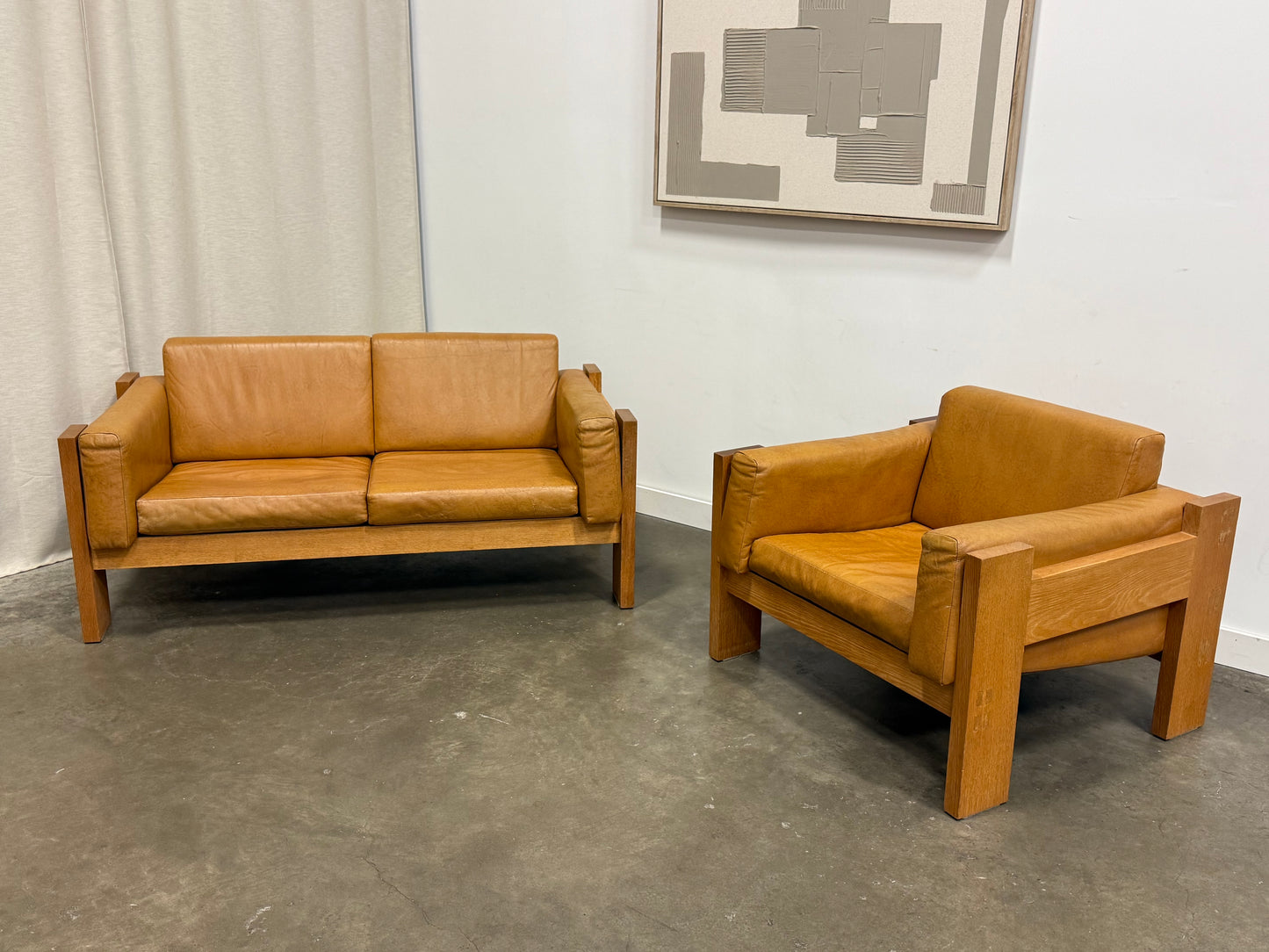 Vintage MCM Solid Oak & Cognac Leather Loveseat + Lounge Chair