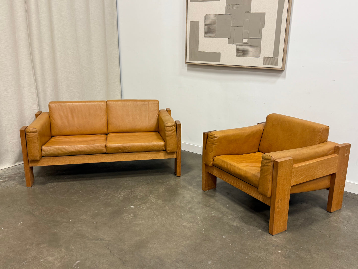 Vintage MCM Solid Oak & Cognac Leather Loveseat + Lounge Chair
