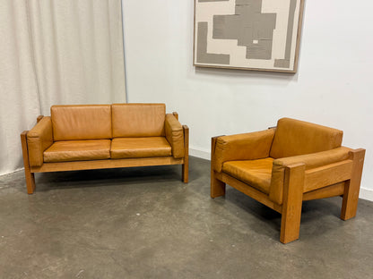 Vintage MCM Solid Oak & Cognac Leather Loveseat + Lounge Chair