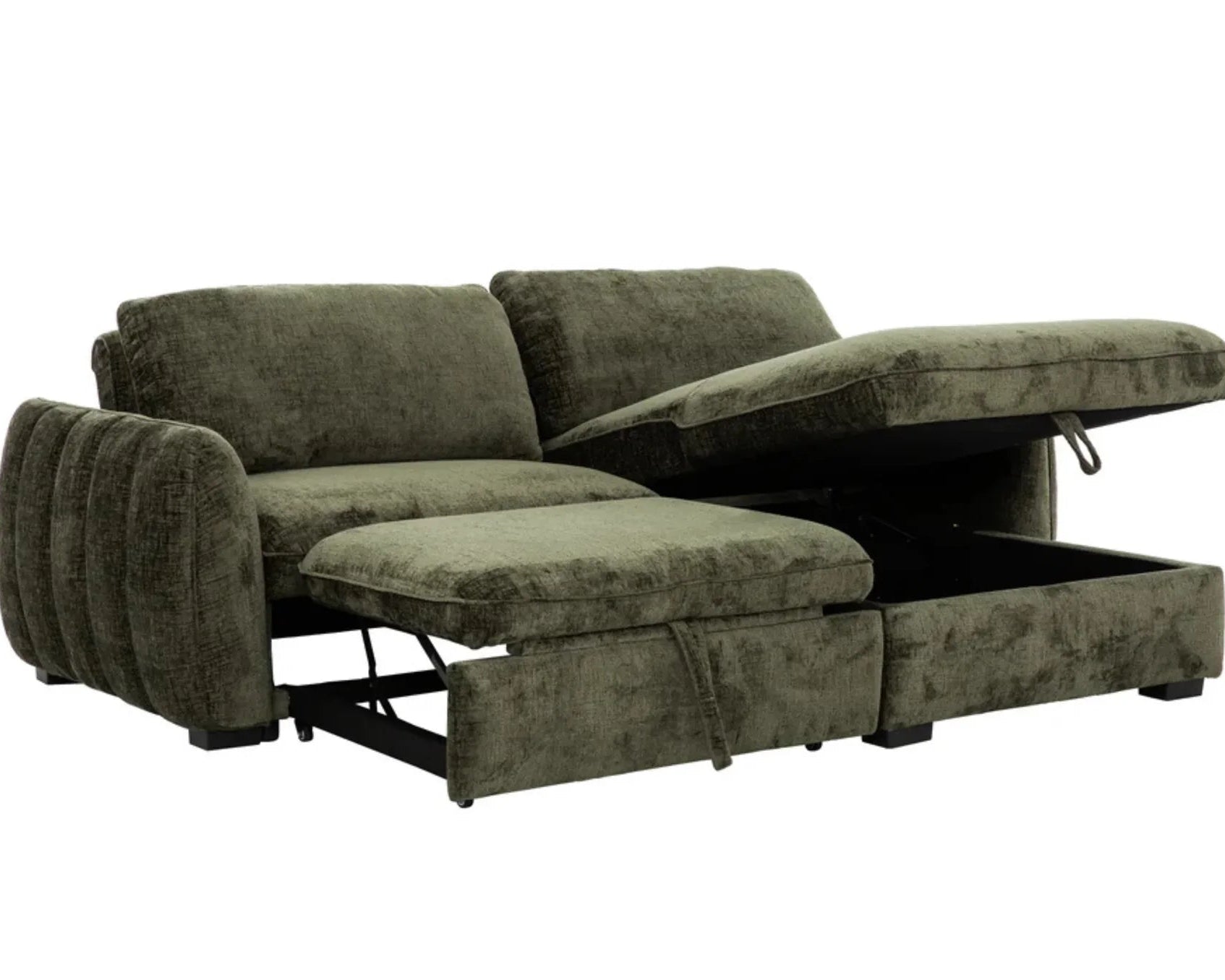 Green sectional sofa with storage drawers on a white background