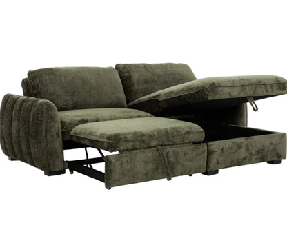 Green sectional sofa with storage drawers on a white background
